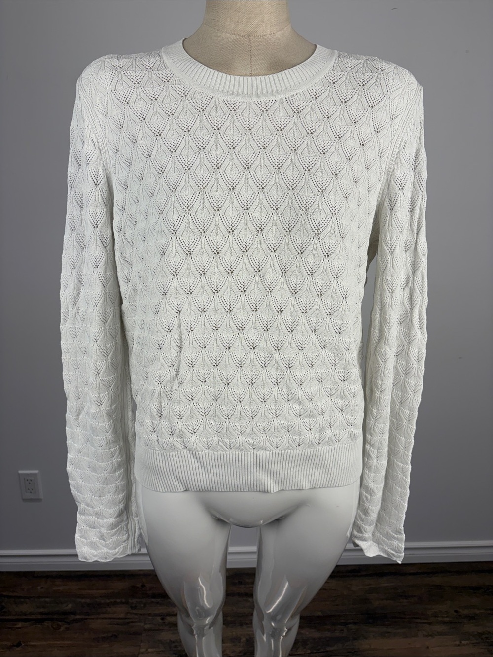 Club Monaco White Pointelle Knit Crewneck Sweater L